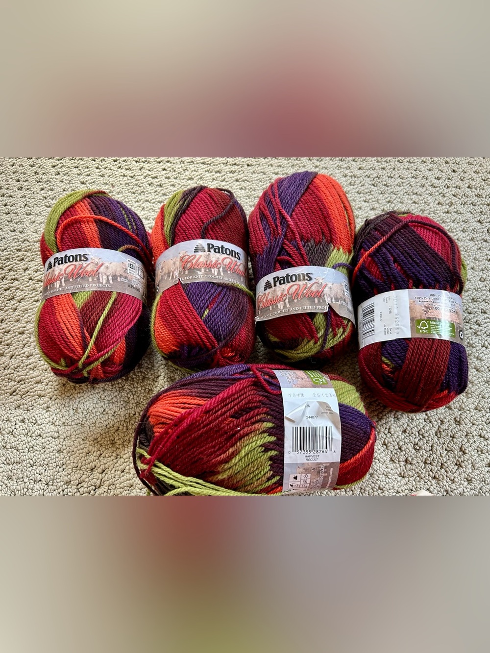 5 NWT Skeins Patons Classic Wool Multicolor Yarn - Red, Orange, Purple, Green #4